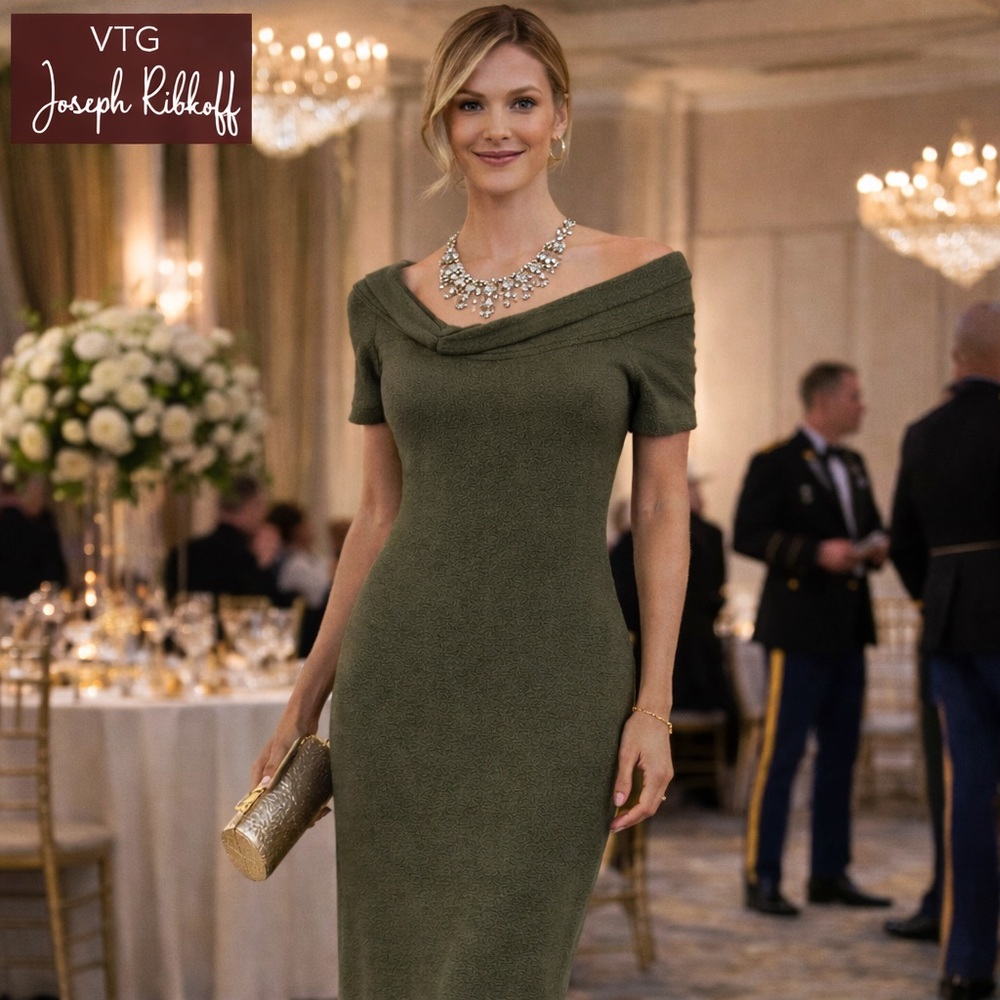 VTG Joseph Ribkoff Olive Knit Dress Sculptural Off-Shoulder Column Gown Size 4
